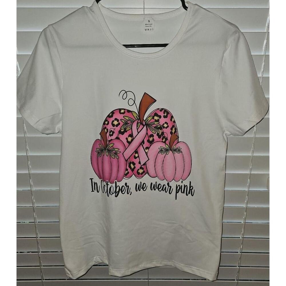 Women's White Short Sleeve Tee - 'In October We Wear Pink' Pumpkin Design